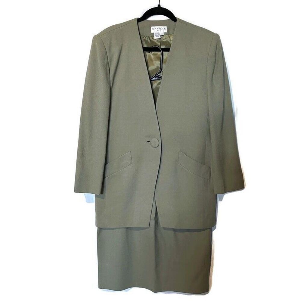 Rare 100% Wool Women Vintage Saville Suit Hunter Green Jacket Skirt Set Size 12